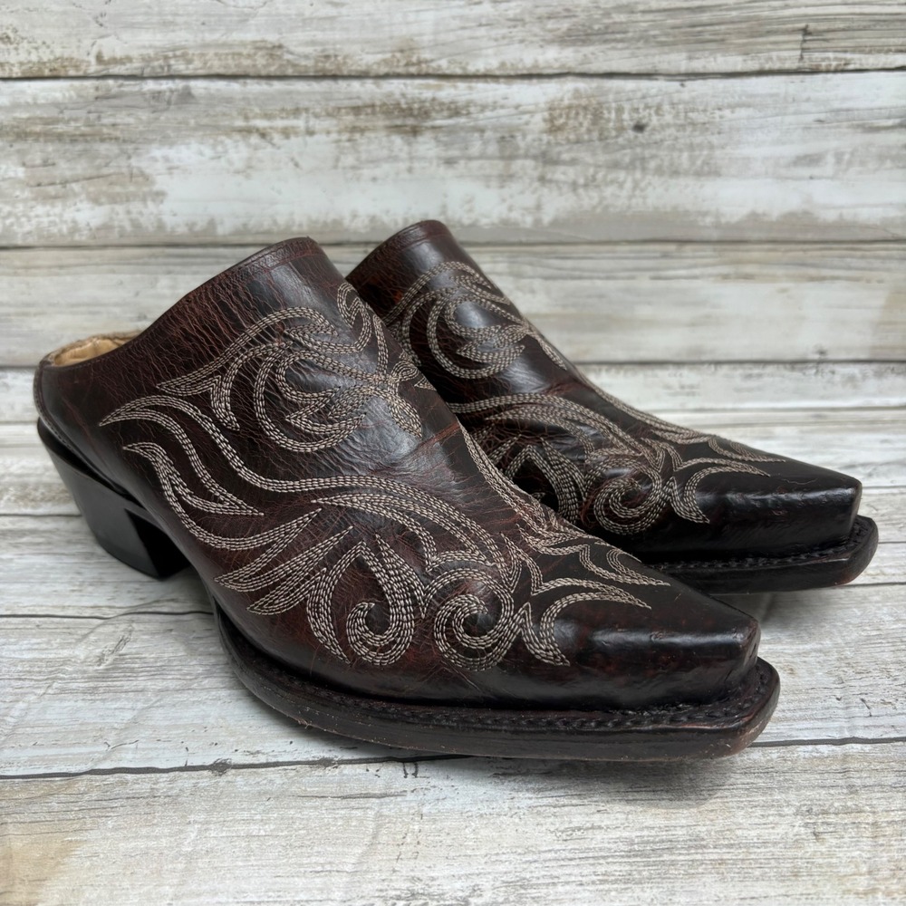 Stetson Adley Western Mules 6.5 Brown Leather Embroidered Snip Toe Slides